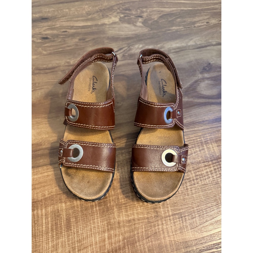 Clarks Bendables Lexi Walnut Brown Leather Adjustable Strap‎ Sandal Size 6.5